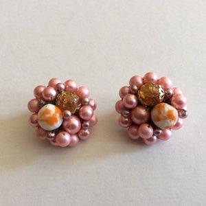 Vintage Pink Pearls White Orange Beads Clip On Earrings Marked Japan